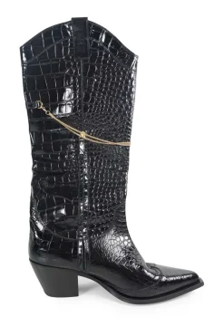 Black croc-embossed leather pull-on chain cowboy boots