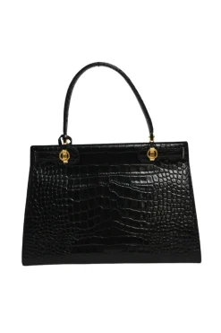 Black croc-embossed leather trapeze-shaped Lee Radziwill satchel with gold-tone metallic hardware