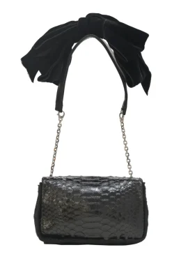 Black croc-embossed leather and calf hair Artemis velvet bow strap crossbody flap bag