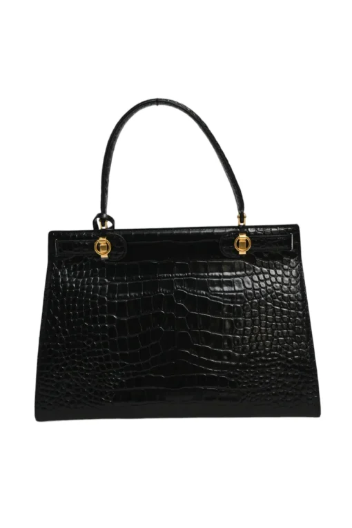 Black croc-embossed leather trapeze-shaped Lee Radziwill satchel with gold-tone metallic hardware