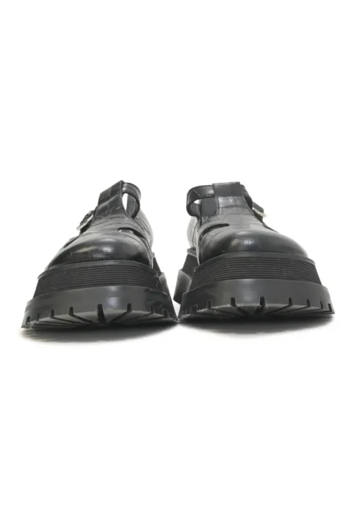 Black croc-embossed leather and rubber Aldwych T-Bar lug sole flatform Mary Jane pumps