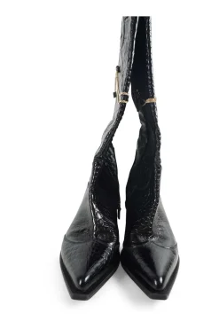 Black croc-embossed leather pull-on chain cowboy boots