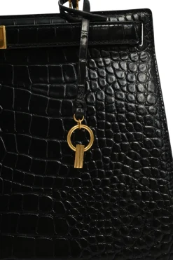 Black croc-embossed leather trapeze-shaped Lee Radziwill satchel with gold-tone metallic hardware
