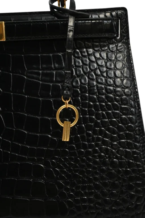 Black croc-embossed leather trapeze-shaped Lee Radziwill satchel with gold-tone metallic hardware