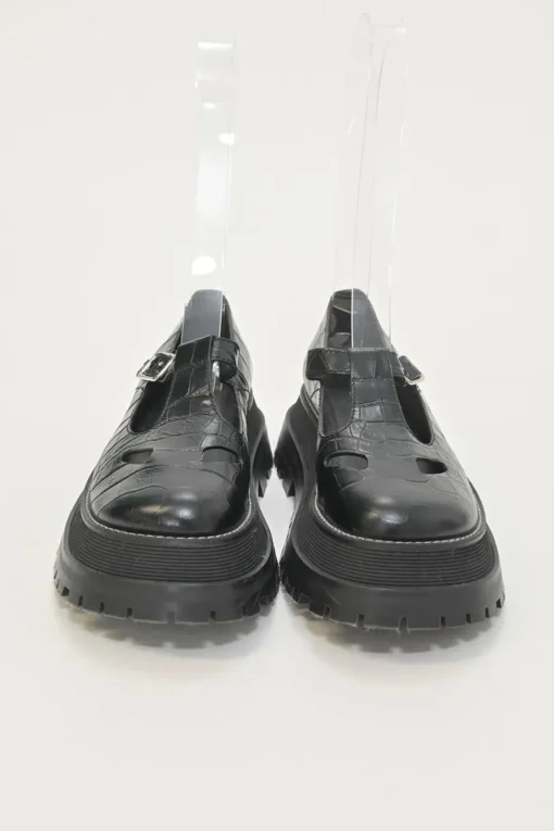 Black croc-embossed leather and rubber Aldwych T-Bar lug sole flatform Mary Jane pumps