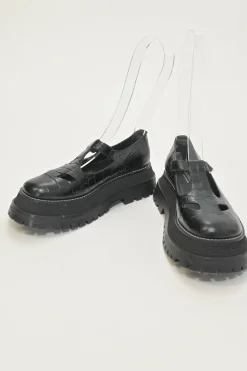 Black croc-embossed leather and rubber Aldwych T-Bar lug sole flatform Mary Jane pumps
