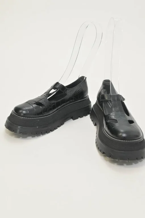 Black croc-embossed leather and rubber Aldwych T-Bar lug sole flatform Mary Jane pumps