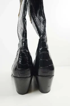 Black croc-embossed leather pull-on chain cowboy boots