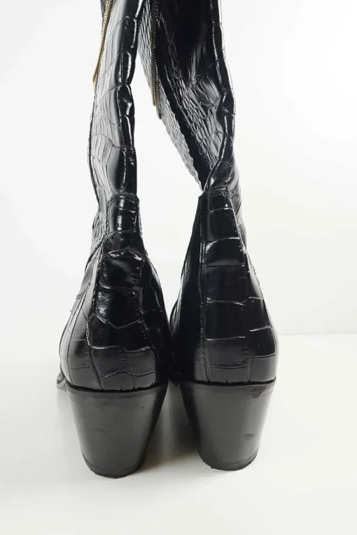 Black croc-embossed leather pull-on chain cowboy boots