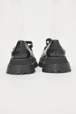 Black croc-embossed leather and rubber Aldwych T-Bar lug sole flatform Mary Jane pumps