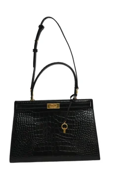 Black croc-embossed leather trapeze-shaped Lee Radziwill satchel with gold-tone metallic hardware