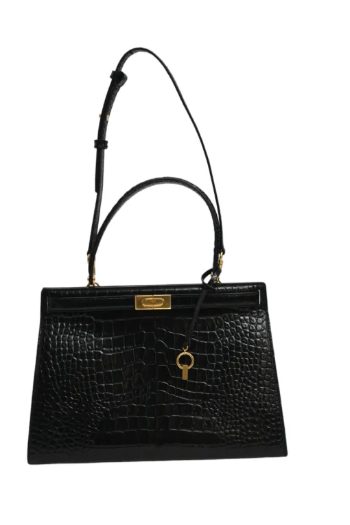 Black croc-embossed leather trapeze-shaped Lee Radziwill satchel with gold-tone metallic hardware