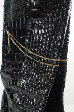 Black croc-embossed leather pull-on chain cowboy boots