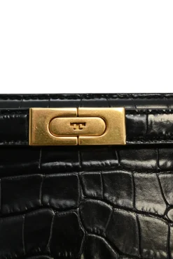 Black croc-embossed leather trapeze-shaped Lee Radziwill satchel with gold-tone metallic hardware