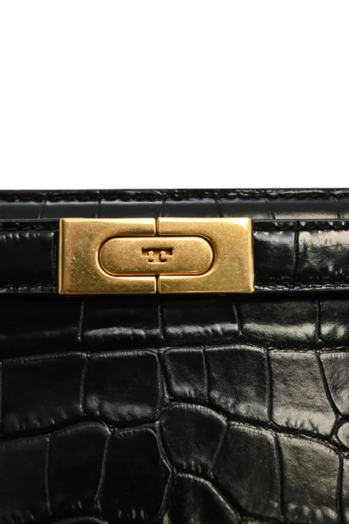 Black croc-embossed leather trapeze-shaped Lee Radziwill satchel with gold-tone metallic hardware
