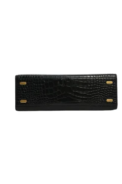 Black croc-embossed leather trapeze-shaped Lee Radziwill satchel with gold-tone metallic hardware