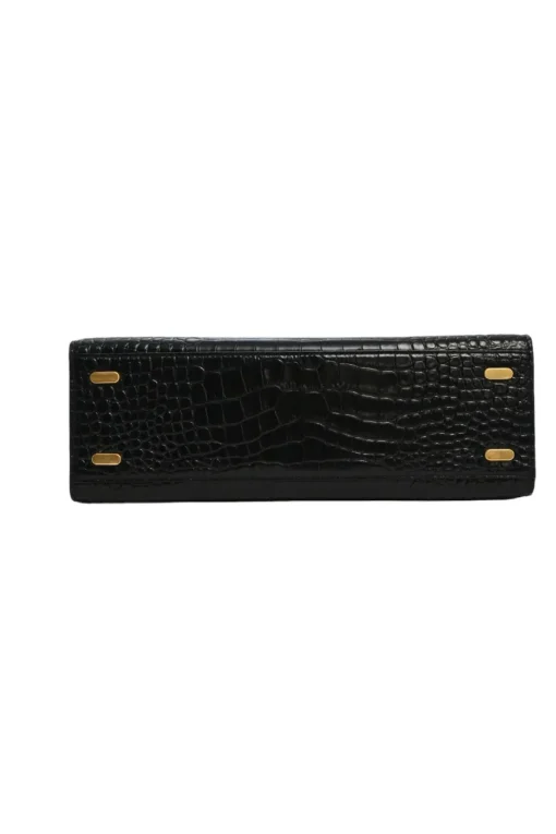 Black croc-embossed leather trapeze-shaped Lee Radziwill satchel with gold-tone metallic hardware