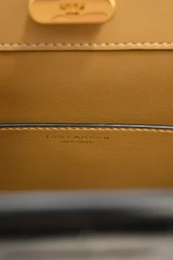 Black croc-embossed leather trapeze-shaped Lee Radziwill satchel with gold-tone metallic hardware