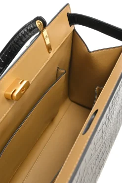 Black croc-embossed leather trapeze-shaped Lee Radziwill satchel with gold-tone metallic hardware