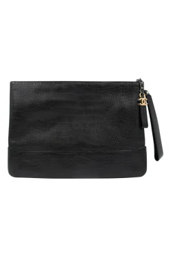 Black crocodile style textured clutch with gold tone hardware