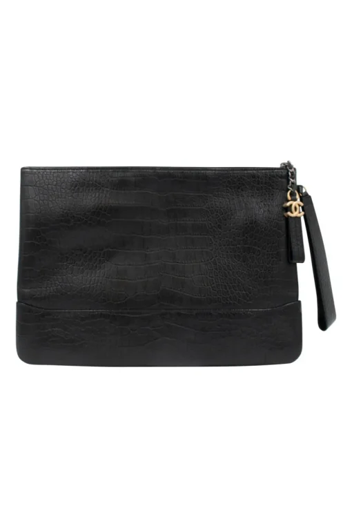 Black crocodile style textured clutch with gold tone hardware