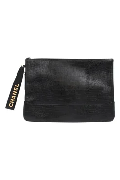 Black crocodile style textured clutch with gold tone hardware