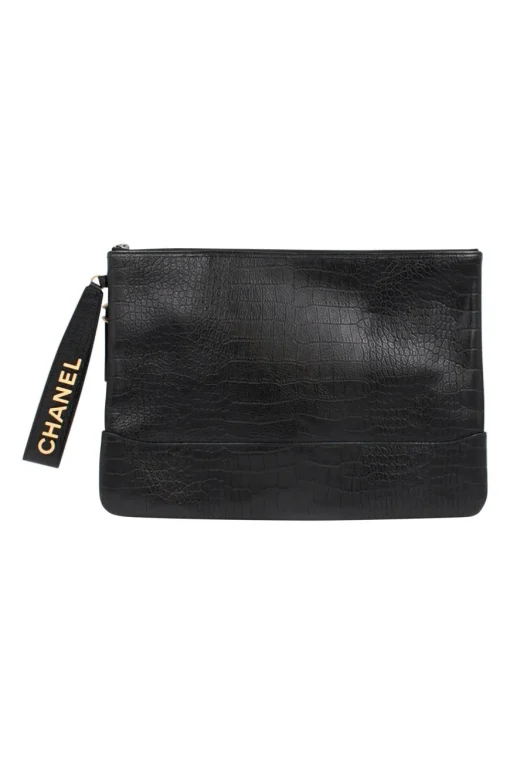 Black crocodile style textured clutch with gold tone hardware