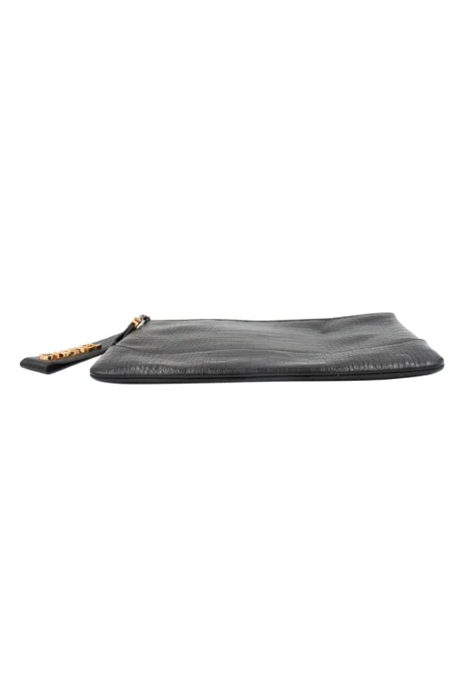 Black crocodile style textured clutch with gold tone hardware