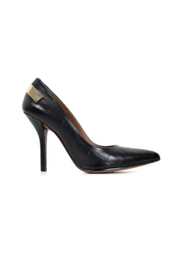 Black crocodile-leather effect pumps with a gold metal back plate