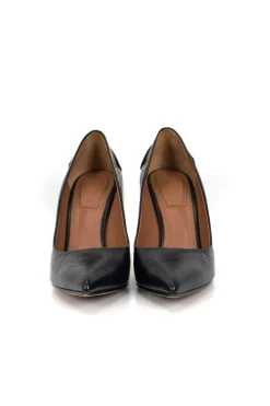 Black crocodile-leather effect pumps with a gold metal back plate
