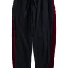 Black cropped drawstring casual pants with burgundy velour side bands