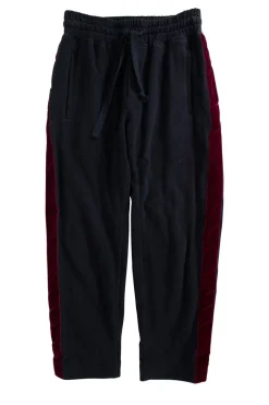 Black cropped drawstring casual pants with burgundy velour side bands