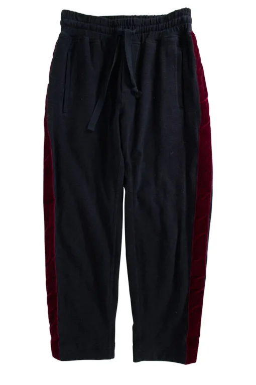 Black cropped drawstring casual pants with burgundy velour side bands