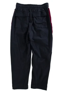 Black cropped drawstring casual pants with burgundy velour side bands