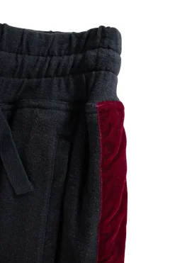 Black cropped drawstring casual pants with burgundy velour side bands