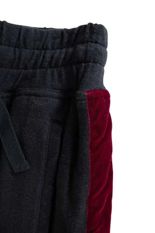 Black cropped drawstring casual pants with burgundy velour side bands
