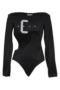 Black Crystal Buckle Cutout Bodysuit