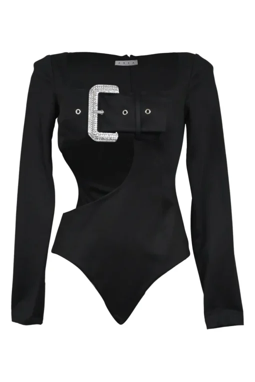 Black Crystal Buckle Cutout Bodysuit