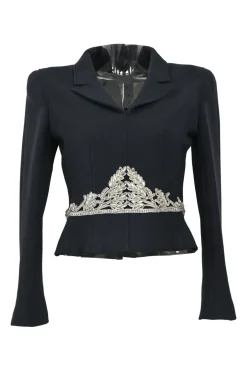 Black crystal-embellished wool single breasted notch collar cropped evening jacket