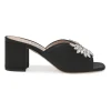 Black crystal-embellished satin and leather block heel mules with curved V-neck vamp