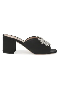 Black crystal-embellished satin and leather block heel mules with curved V-neck vamp