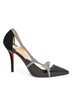 Black crystal-embellished patent leather Edith 100  pointed-toe half D'Orsay cutout pumps