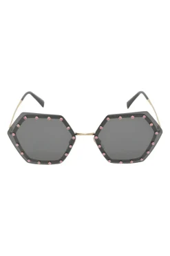 Black crystal-embellished polycarbonate and metal hexagon frame sunglasses