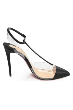 Black crystal-embellished satin and PVC pointed-toe T-strap Nosy 105 pumps with ankle buckle strap