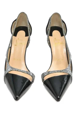 Black crystal-embellished patent leather Edith 100  pointed-toe half D'Orsay cutout pumps