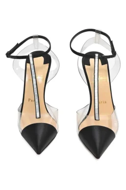 Black crystal-embellished satin and PVC pointed-toe T-strap Nosy 105 pumps with ankle buckle strap
