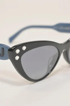 Black crystal-embellished acetate and tinted polycarbonate cat eye sunglasses with contrasting arms