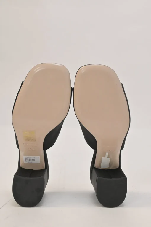 Black crystal-embellished satin and leather block heel mules with curved V-neck vamp