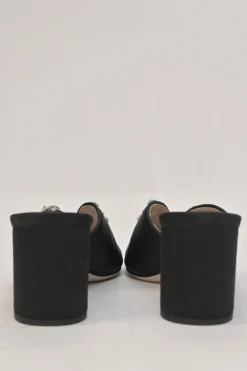 Black crystal-embellished satin and leather block heel mules with curved V-neck vamp