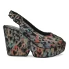 Black degradé rainbow fabric and leather peep-toe slingback platform wedges